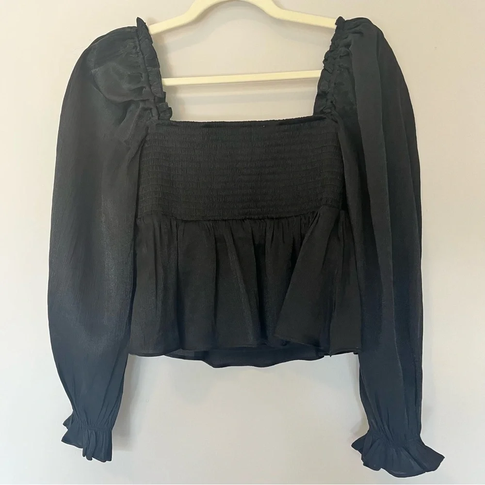 ASTR Irene Sweetheart Top Black Shine Babydoll Puff Sleeve Peplum S